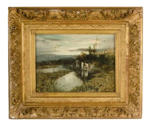 Continental Landscape Painting With Nude Women Swimming, 19th C.