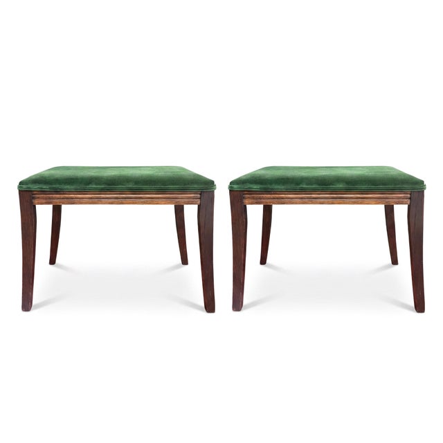 French Mid-Century French Louis XVI Style Walnut & Green Velvet Ottomans - Pair For Sale - Image 3 of 6