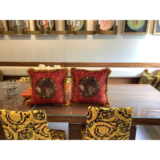 Pair of 2 Xl custom made Versace style custom made Xl pillows 28”28” red bronze with gold fringe vivid colors velvet...
