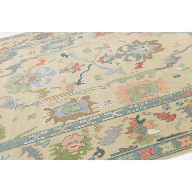 Modern Hand-Knotted Oushak Style Wool Area Rug in Pastel Palette and Soft Beige For Sale - Image 10 of 12