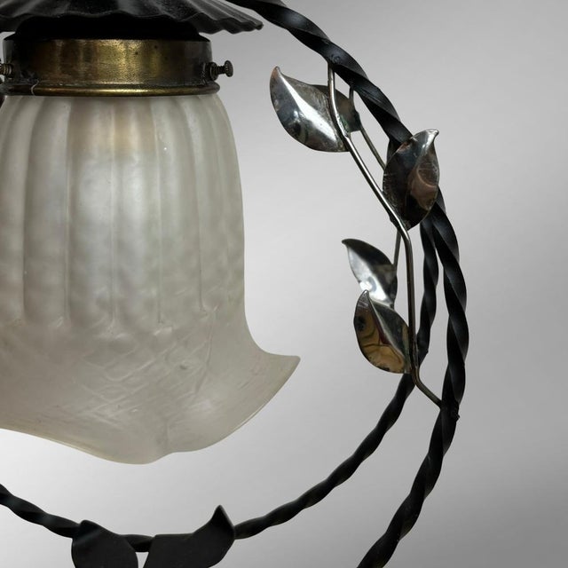 Swedish Modern Wrought Iron Pendant Lamp with Organic Leaf Decor, 1940s For Sale - Image 9 of 11