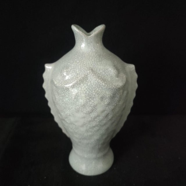 Art Deco Chinese Ceramic Vase,Guan Ware Celadon Glaze Porcelain Vase HandCarved Fish Pattern For Sale - Image 3 of 10