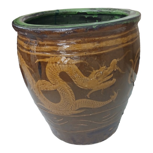 Antique Chinese Glazed Black Egg Pot Jardiniere 19" H X 19" Dia. For Sale