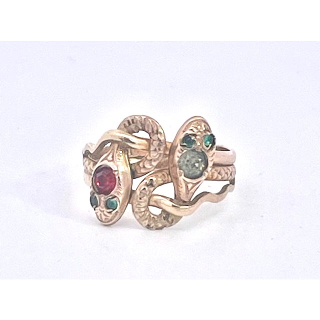 Antique Victorian 14k Yellow Gold Double Snake Ring With Gemstones, Size 6.5 For Sale - Image 9 of 14