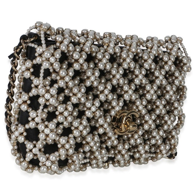 Contemporary Black Gold Metal Pearl Embellished Mini Flap Bag For Sale - Image 3 of 9