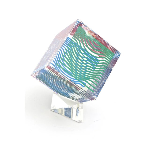 Victor Vasarely Vintage Victor Vasarely Op Art Silkscreen Acrylic Sculpture on Base Red, Blue, Green 1970's For Sale - Image 4 of 9