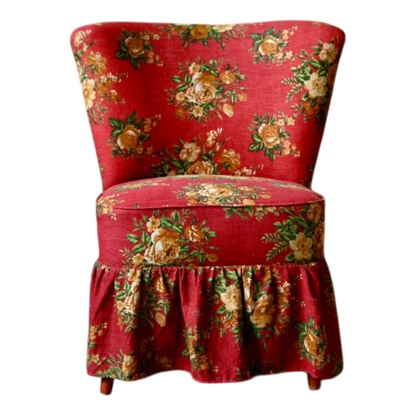 Cocktail Armchair with Red Floral Fabric and Compass Legs For Sale