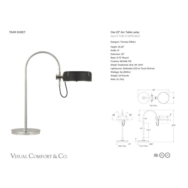 Thomas O'Brien by Visual Comfort Signature Oso 25" Arc Table Lamp in Polished Nickel with Matte Black Shade Designer:...