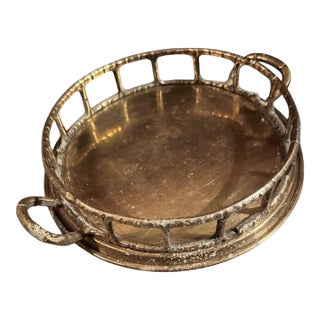 1960s Mid-Century Modern Round Brass Tray With Handled For Sale