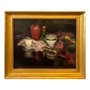 Nina Karasek1925 Viennese Oil Painting Interior Still Life with Porcelain Vase, Tapestry Rug, 1925