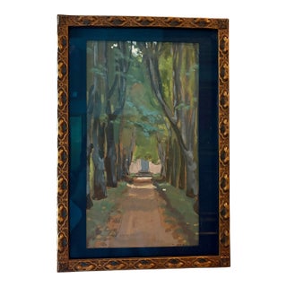 1950s French Gouache Arbor Tree Scene in Antique Italian Frame For Sale