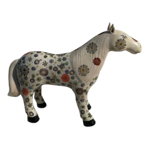 Vintage Chinese Porcelain Horse Figurine With Floral Motif & Red Seal Mark
