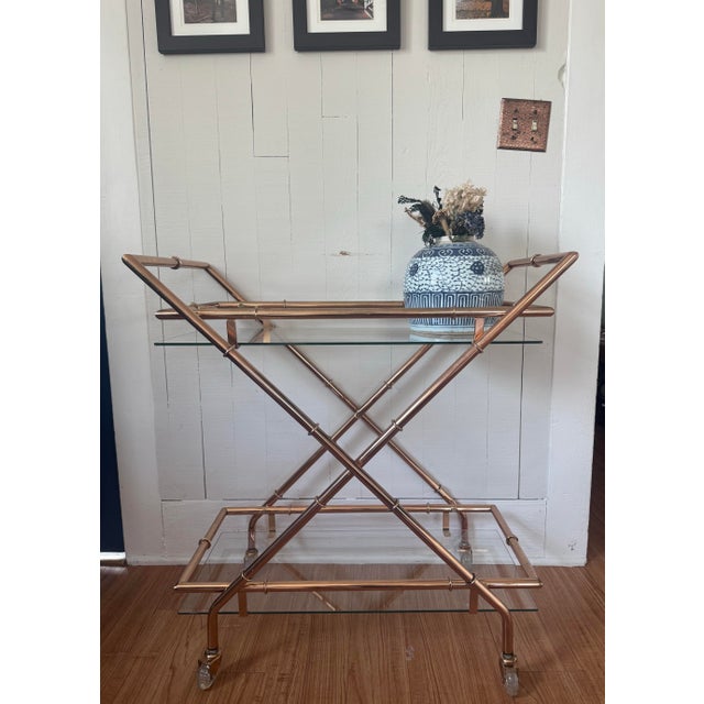 Metal 1970s Hollywood Regency Faux Bamboo Bar Cart For Sale - Image 7 of 11