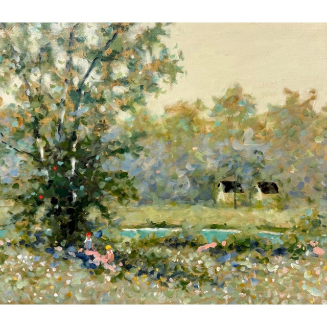Maurice Monnard Impressionist Riverside Landscape with Seated Figures, 1970s For Sale - Image 10 of 12