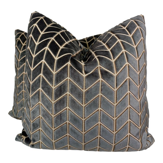 Harlequin "Perplex Velvet" in Graphite 22" Pillows-a Pair For Sale