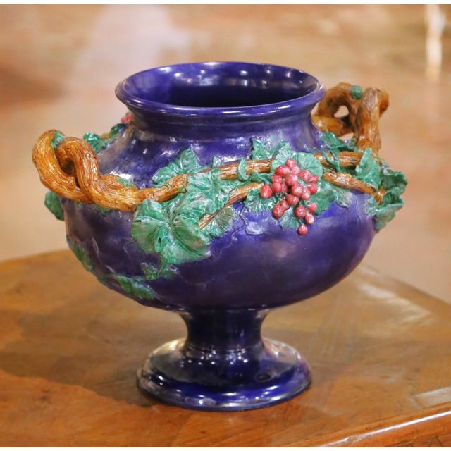 French 19th Century French Barbotine Terracotta Urn Signed MI De Sèvres 1858 For Sale - Image 3 of 11