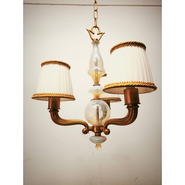Brass and Murano Chandelier with Silk Lampshades, 1950s For Sale - Image 6 of 18