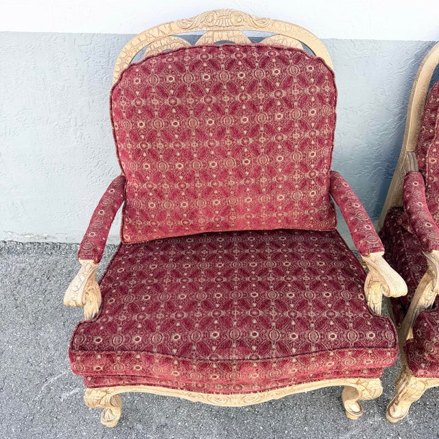 Burgundy Carved French Provincial Louis XV-style Fauteuil Armchairs - A Pair For Sale - Image 8 of 9