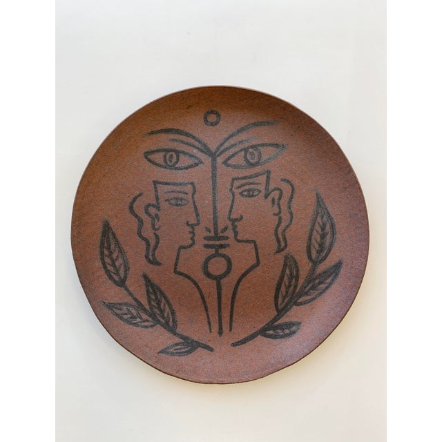 Brown Slab Built Decorated Earthenware Platter in Manner of Jean Cocteau For Sale - Image 8 of 8