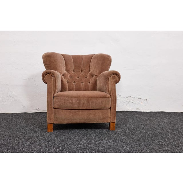 Vintage Danish Model 1518 Lounge Chair in Sand Beige Mohair Velvet from Fritz Hansen, 1940s For Sale - Image 11 of 18