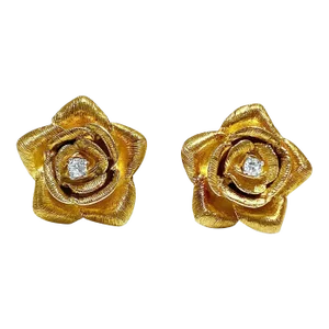 14k Solid Gold Flower and Diamond Stud Earrings