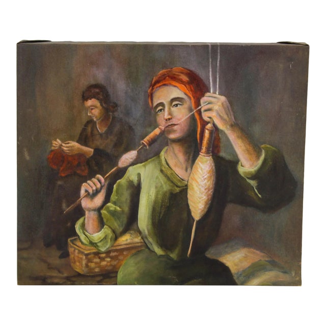 1960's Fine Art Oil Painting of Madonna Weaving, Oil Painting, For Sale