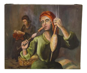 1960's Fine Art Oil Painting of Madonna Weaving, Oil Painting,