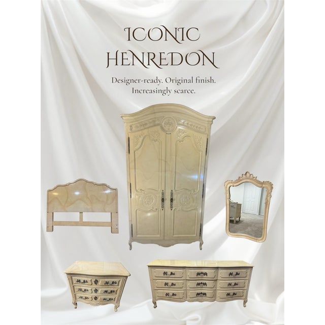 Original factory-applied high-gloss lacquered goatskin parchment finish in a light ivory/champagne tone. Group image shows...