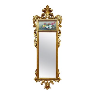 French Gilt Carved Wall Mirror in French Rococo Style with Oil Painting of Flora For Sale