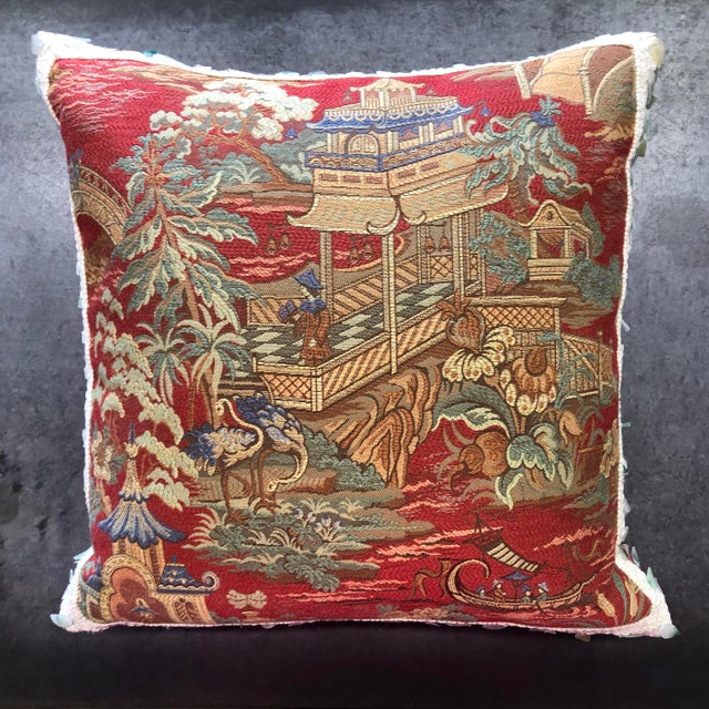 Chinoiserie Fabric With Jade Embellished Trim Pillows by Dransfield