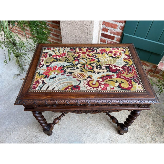 Wood Antique French Sofa Table Writing Desk Barley Twist Carved Renaissance Tapestry For Sale - Image 7 of 18