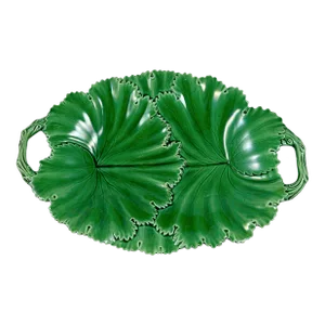 Copeland English Majolica Green Glazed Oval Overlapping Leaf Handled Platter