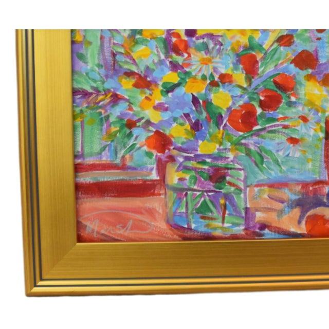 Original impressionist floral bouquet painting beautifully highlighted by vibrant red, blue, and yellow brushstrokes, set...