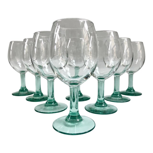 1980s Vintage Green Stemmed Wine Glasses - Set of 8 For Sale