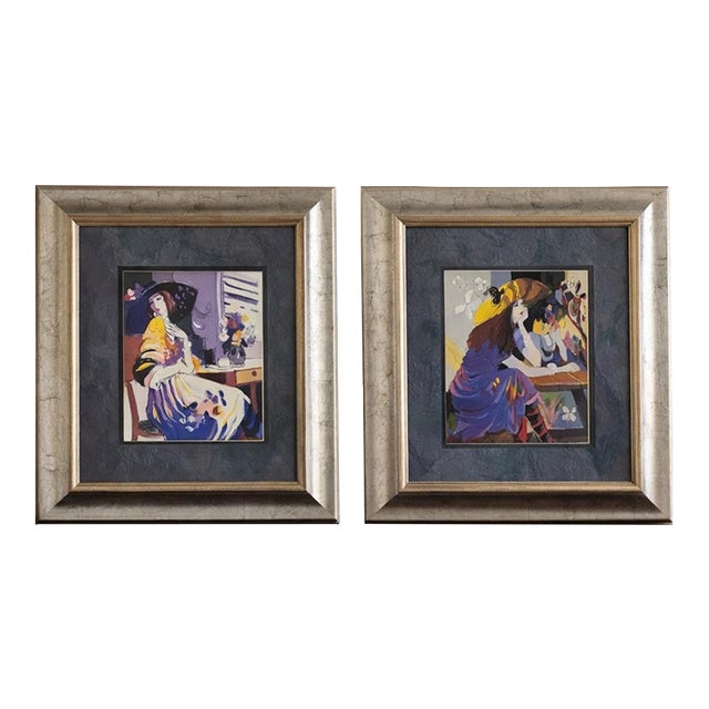 Large Designer Framed Art Pair — Elegant Figurative Prints in Custom Silver Gallery Frames For Sale
