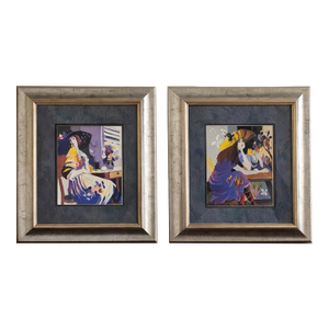 Late 20th Century Large Designer Framed Art Pair — Elegant Figurative Prints in Custom Silver Gallery Frames