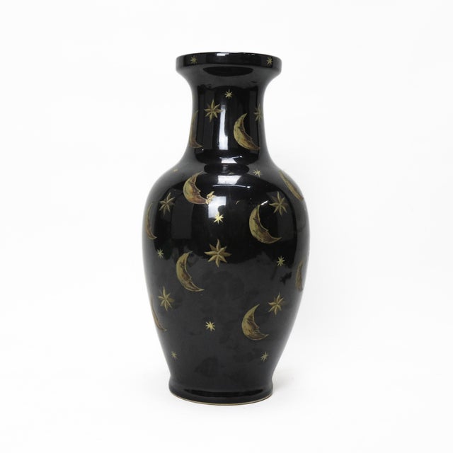 Black Ceramic Vase With Gold Moon and Star Motif For Sale - Image 4 of 10