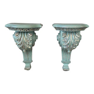 Pair of Carved Acanthus Wall Bracket Shelves / Corbels in Distressed Green Finish For Sale