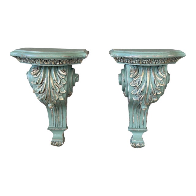 Pair of Carved Acanthus Wall Bracket Shelves / Corbels in Distressed Green Finish For Sale