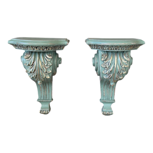 Pair of Carved Acanthus Wall Bracket Shelves / Corbels in Distressed Green Finish