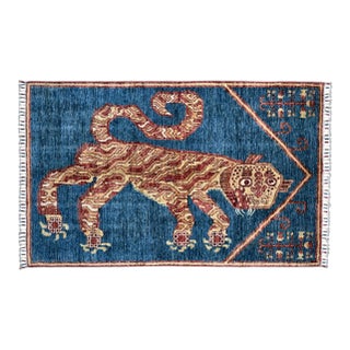 Blue Gold Hand Knotted Tibetan Tiger Pictorial Wool Rug, 03'01 X 04'08 For Sale
