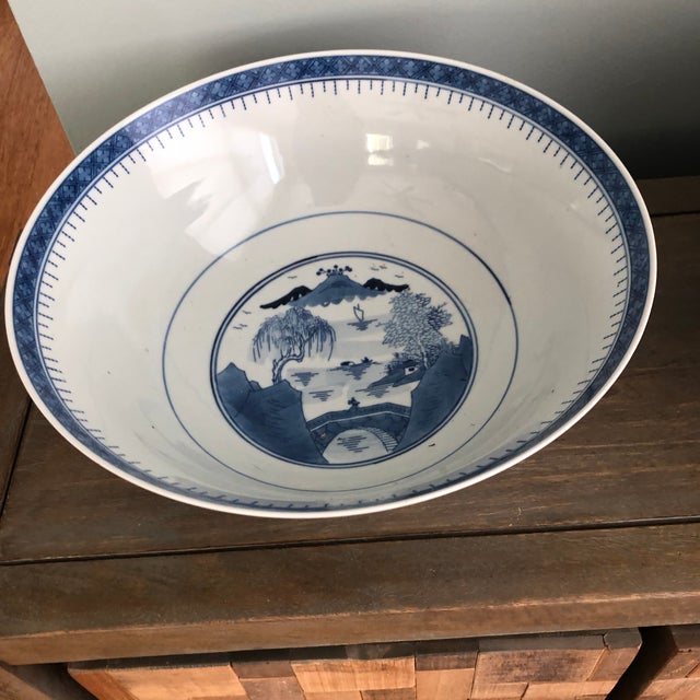 Large Vintage Chinoiserie Blue and White Bowls a Pair For Sale - Image 4 of 12