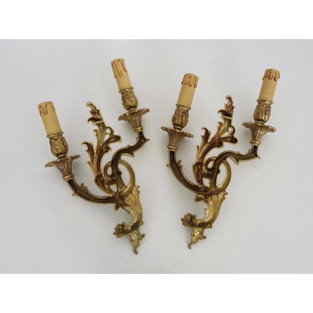 Bronze Double-Light Wall Sconces with Acanthus Leaves, 1960s, Set of 2 For Sale - Image 9 of 10