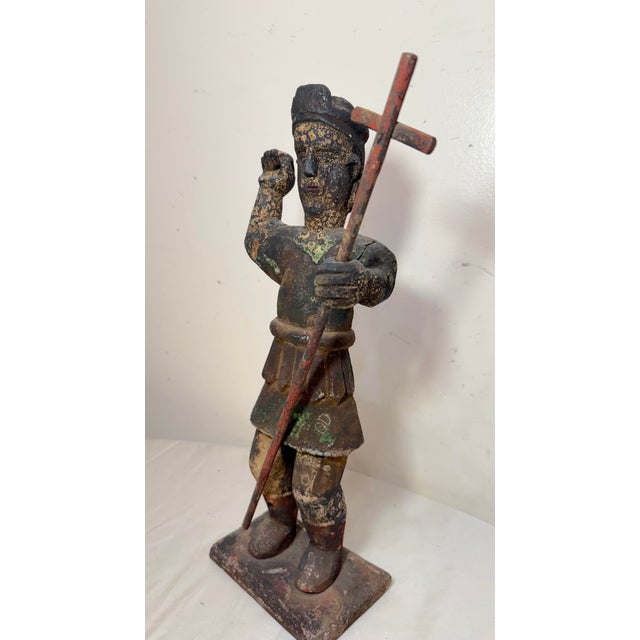 Wood Large Antique 1600's Hand Carved Saint San Miguel Santos Religious Sculpture For Sale - Image 7 of 14