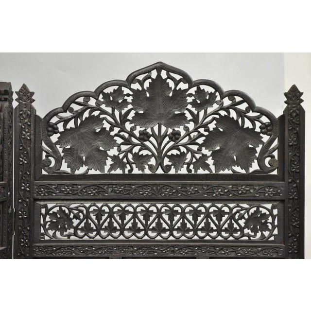 Vintage Anglo Indian Carved Teak Wood 4 Panel Room Divider Folding Screen For Sale - Image 4 of 15