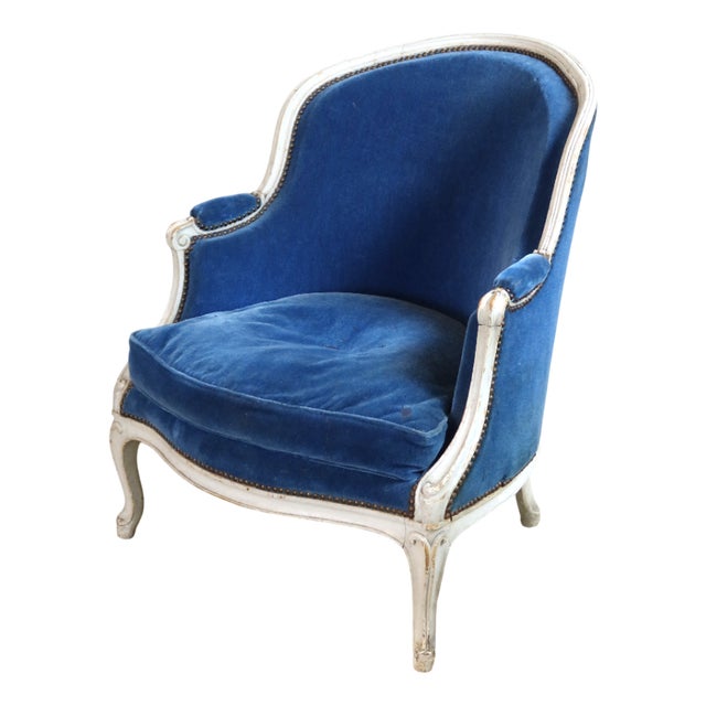 Louis XV Lounge Chair in Blue Velvet For Sale