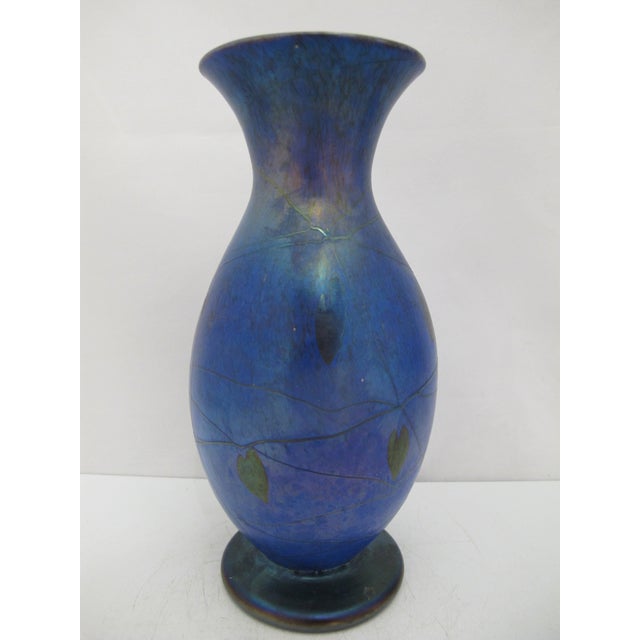 Donald Carlson Iridescent Blue Splatter Studio Art Glass Trumpet Vase For Sale - Image 4 of 12