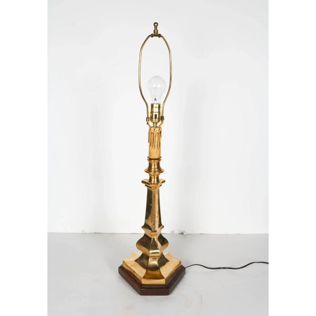 Wood Italian Classical Brass Candlestick Table Lamp For Sale - Image 7 of 8