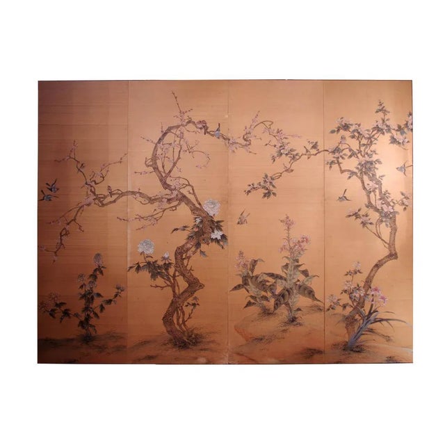 Former screen with colors inked on a silk background decorated with birds, trees, and flowers. Four sheets have been...
