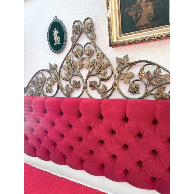 Ruby Red Vintage Hollywood Regency King Bed & Matching Tufted Velvet Bench For Sale - Image 8 of 12